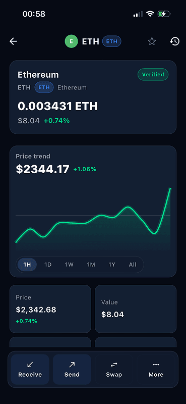 Token detail · live price + send / swap