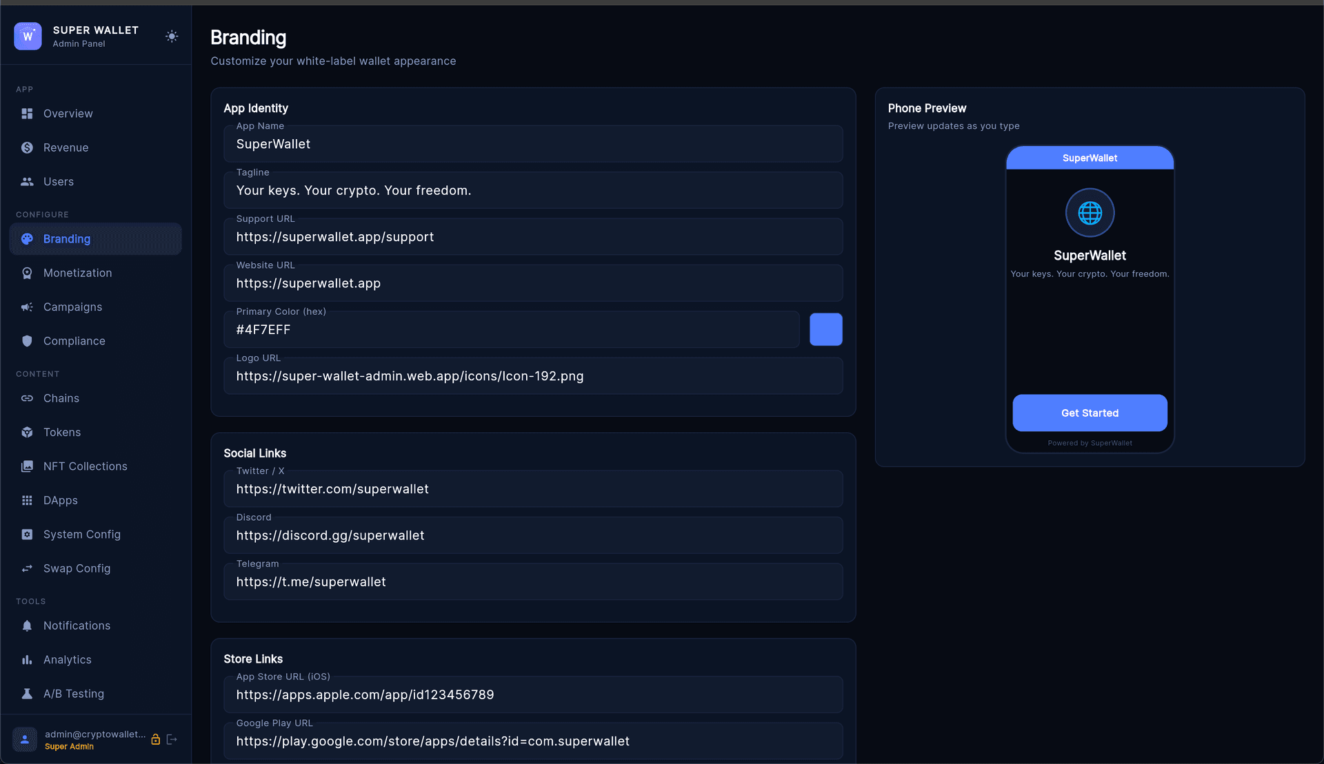 Admin Branding: app name, tagline, colours, logo URL and social links with a phone preview