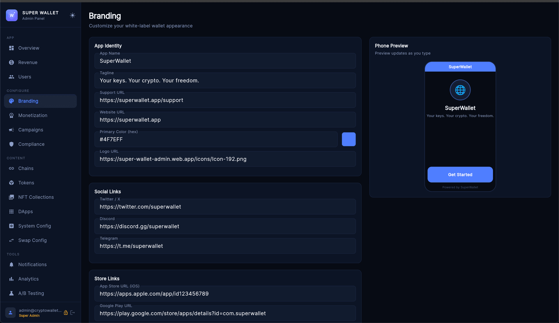 Admin Branding tab with a phone preview