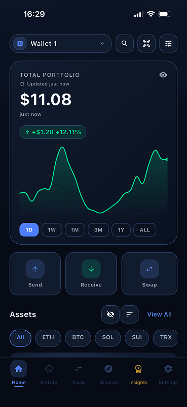 SUPER WALLET home screen: portfolio value, chart and send, receive, swap buttons