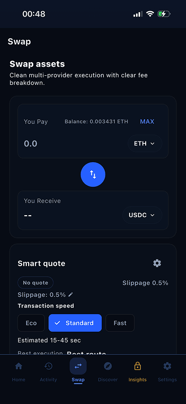 Swap screen with the smart quote and slippage