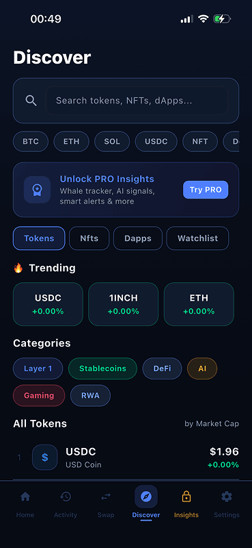 Discover screen with trending tokens and categories