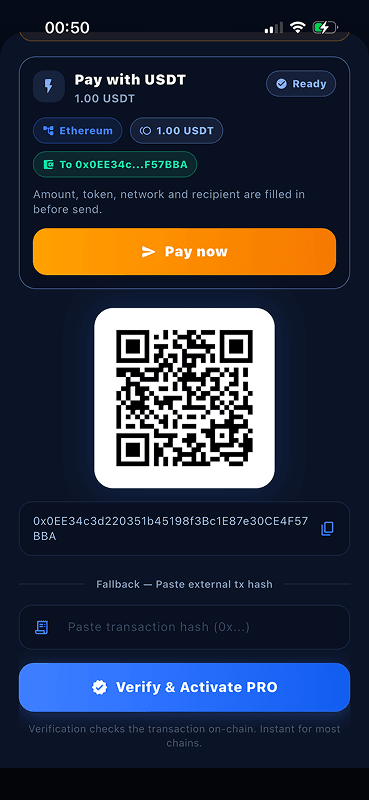 SUPER WALLET — PRO paid in USDT with a QR