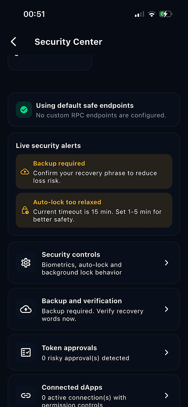 SUPER WALLET — Security center · backup, approvals