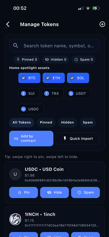 SUPER WALLET — Manage tokens · pin, hide, spam