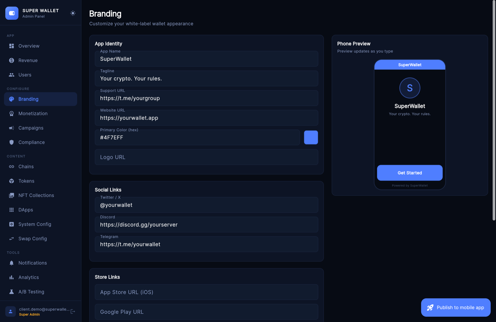 Branding with live phone preview
