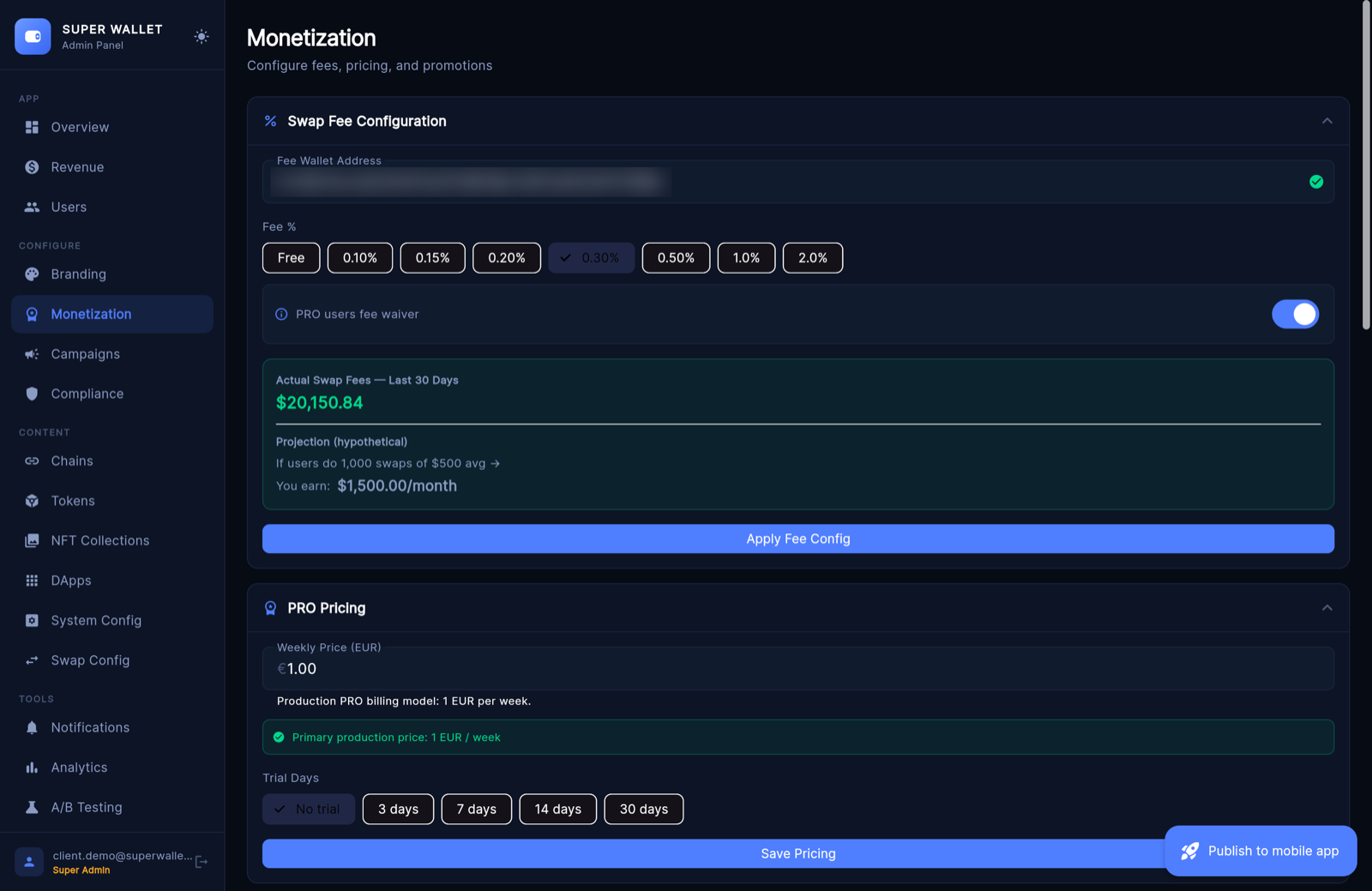 Monetization · demo workspace, wallet blurred, sample numbers